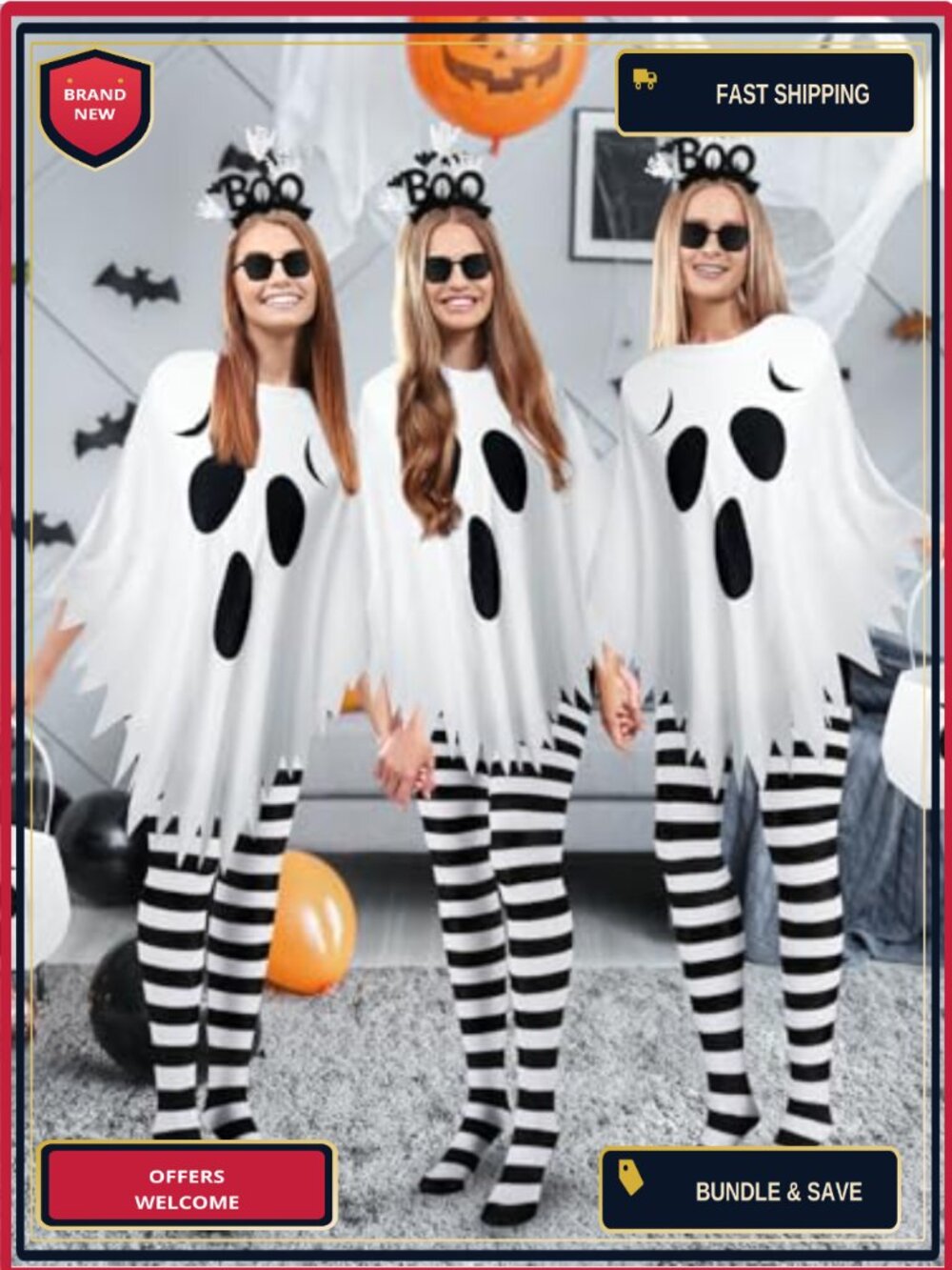 5 Pc Ghost Halloween Costume Kit Poncho Headband Tights Candy Bag Cosplay - Picture 4 of 6